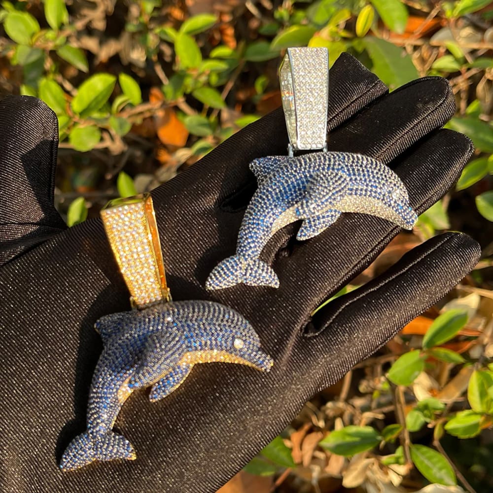 Iced Out Dolphin Necklace for Men Two Tone Pendant